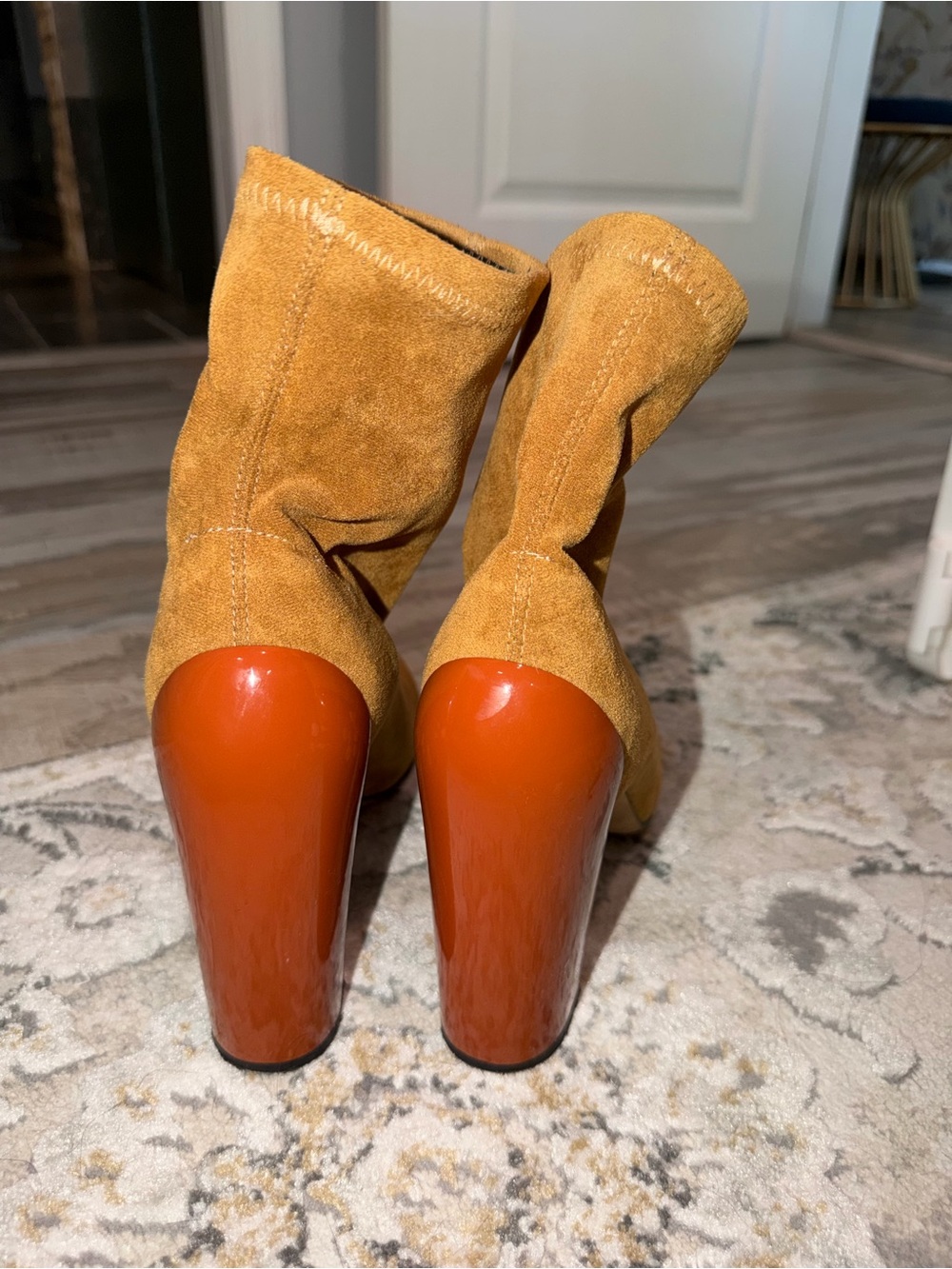 Hermes Suede Ankle Boots with Sculpted Orange Heel